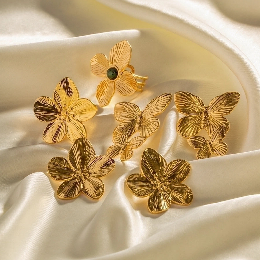 Anillos con incrustaciones Pendientes Joyería Estilo INS Flor Mariposa Acero inoxidable 304 Turquesa Chapado en oro de 18K