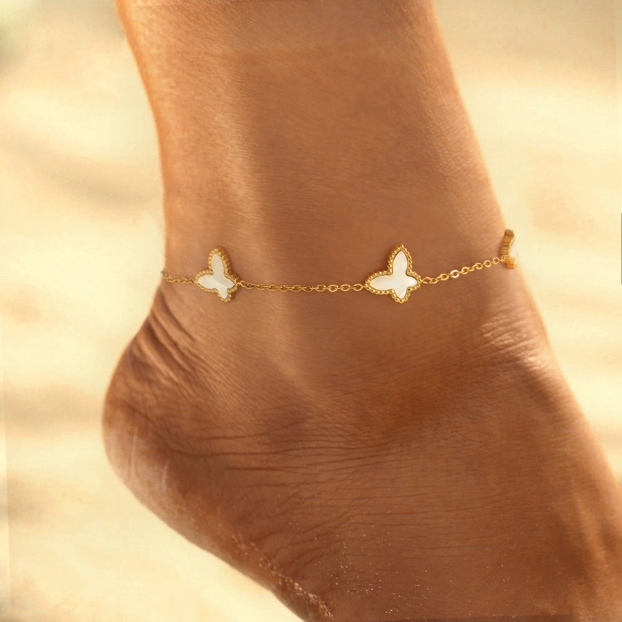 Tobillera para mujer chapada en oro de 18K con incrustaciones de acero inoxidable 304 y mariposa de estilo sencillo