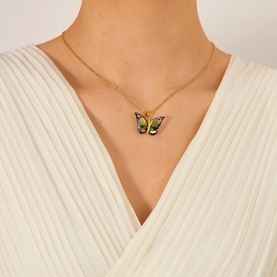 Collar con colgante de mujer con incrustaciones de cobre y plástico de acero inoxidable 304 de mariposa dulce estilo IG
