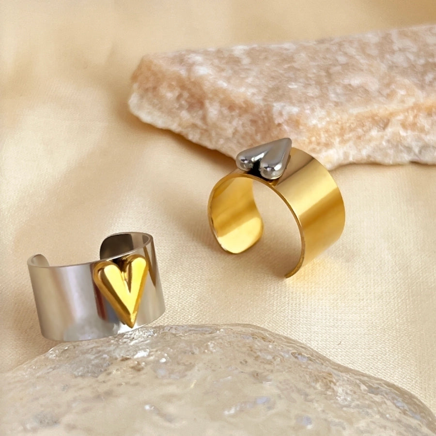 Anillos abiertos en forma de corazón metálico brillante retro elegante chapado en oro de 18K de acero inoxidable 304