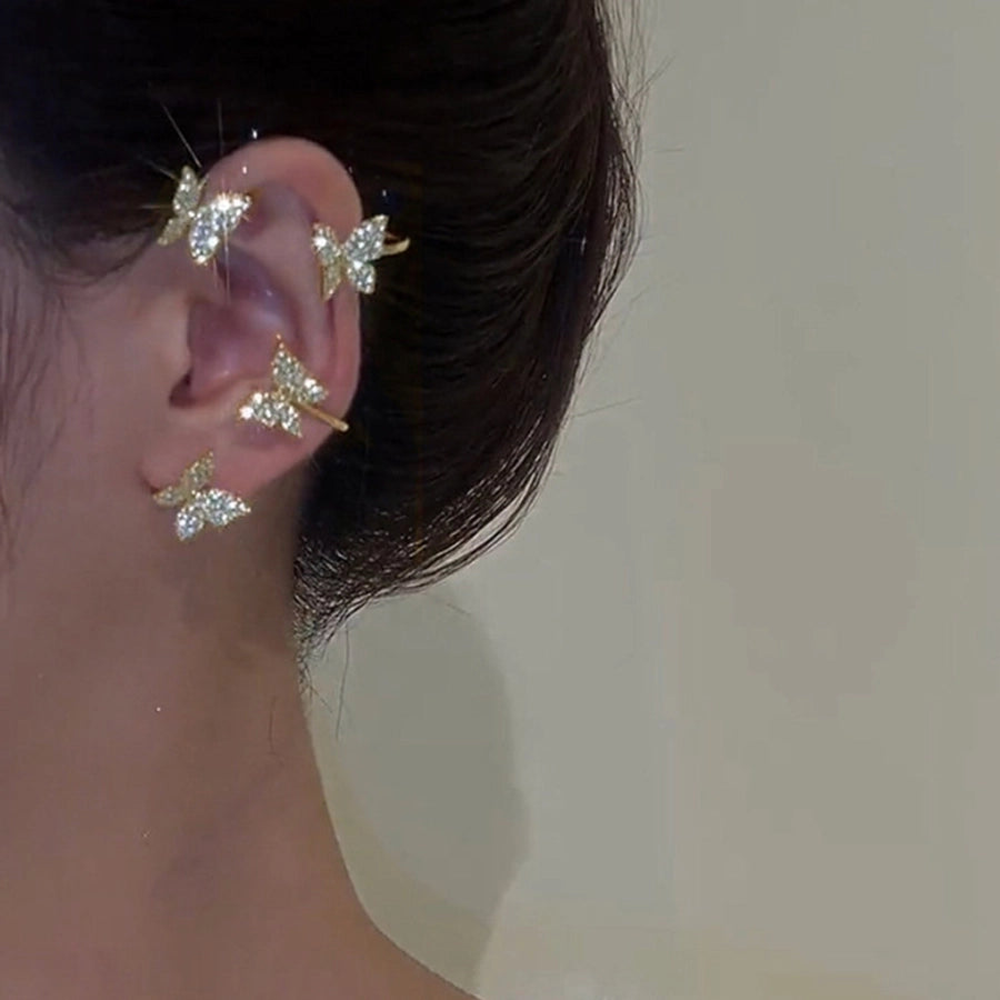 Clips para las orejas con incrustaciones de diamantes artificiales de aleación de mariposa estilo Hada de joyería