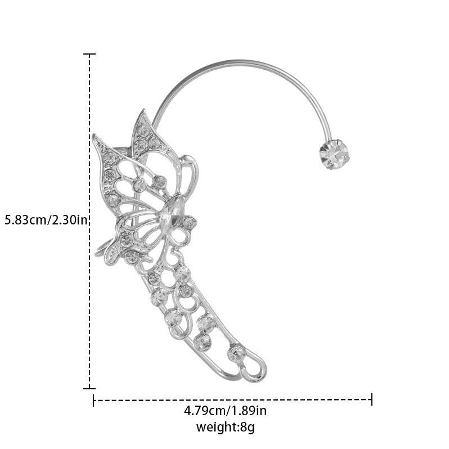 Clips para las orejas con incrustaciones de diamantes artificiales de aleación de mariposa estilo Hada de joyería