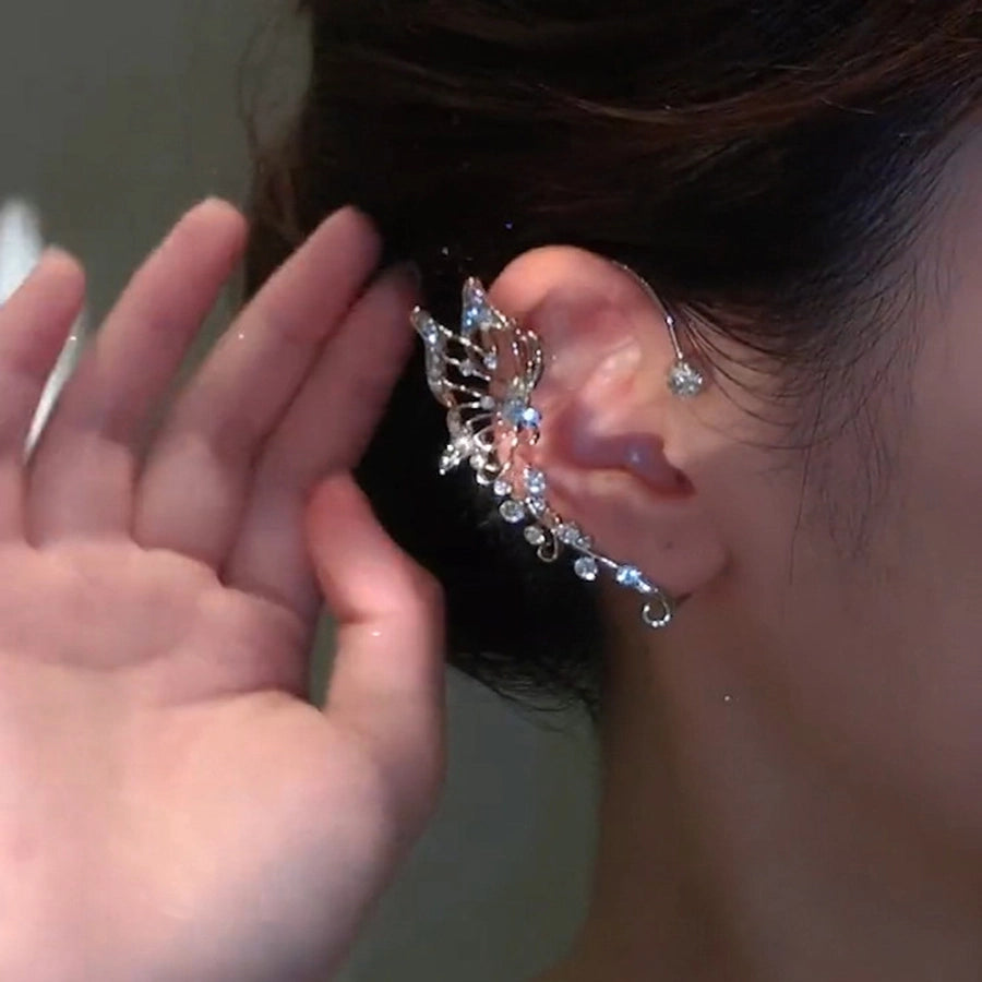 Clips para las orejas con incrustaciones de diamantes artificiales de aleación de mariposa estilo Hada de joyería