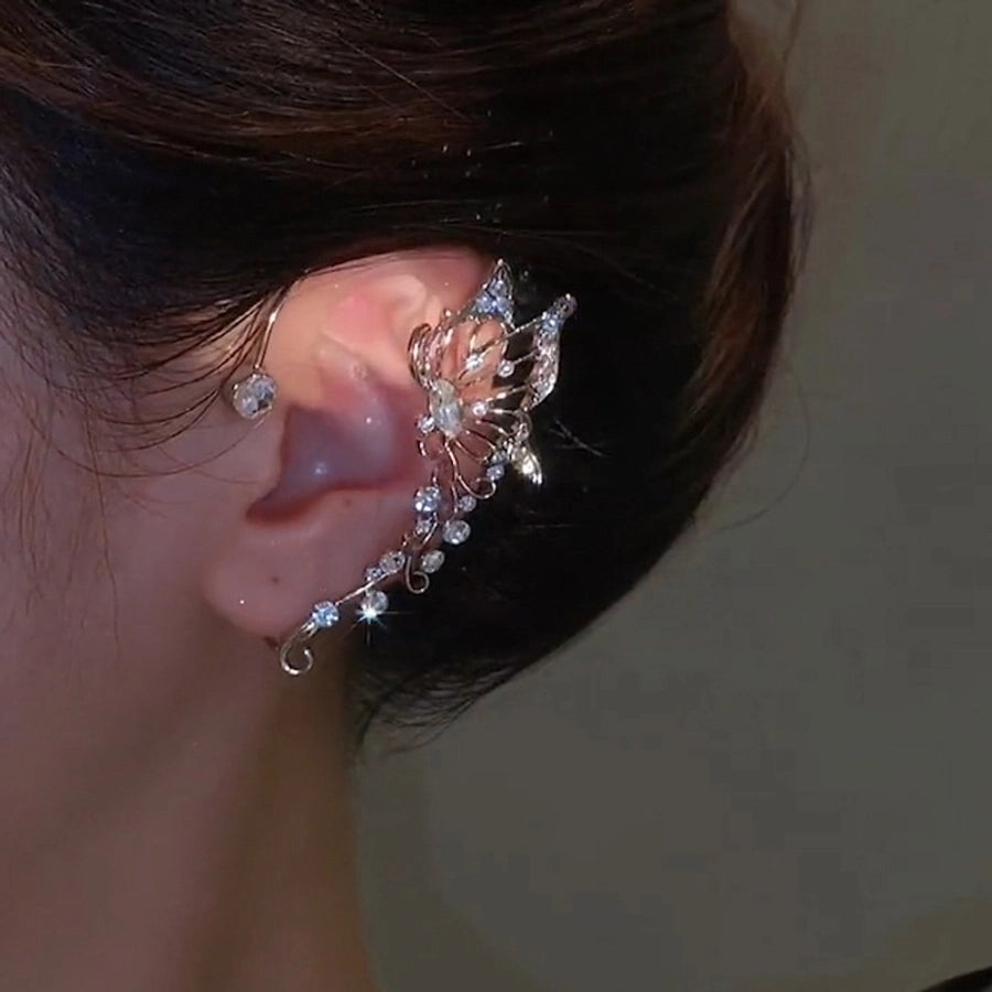Clips para las orejas con incrustaciones de diamantes artificiales de aleación de mariposa estilo Hada de joyería