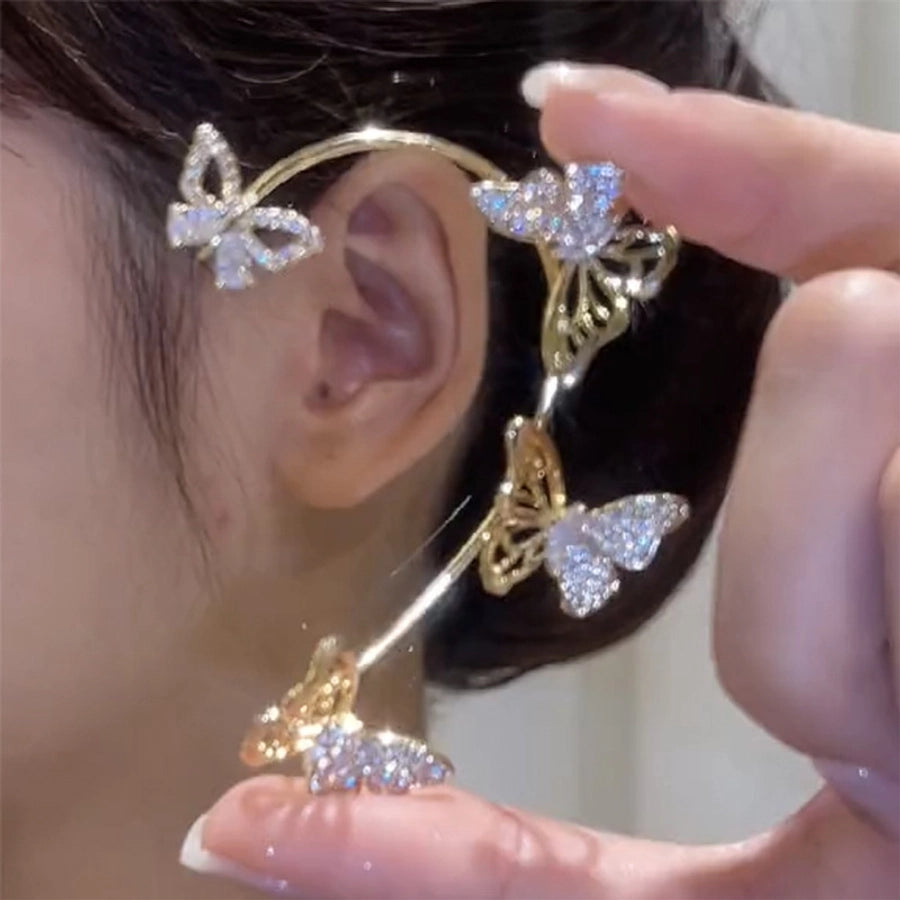 Clips para las orejas con incrustaciones de diamantes artificiales de aleación de mariposa estilo Hada de joyería