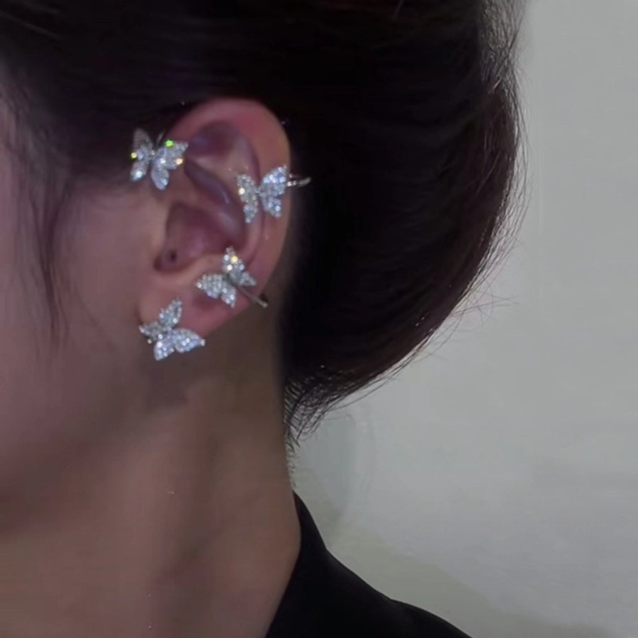 Clips para las orejas con incrustaciones de diamantes artificiales de aleación de mariposa estilo Hada de joyería