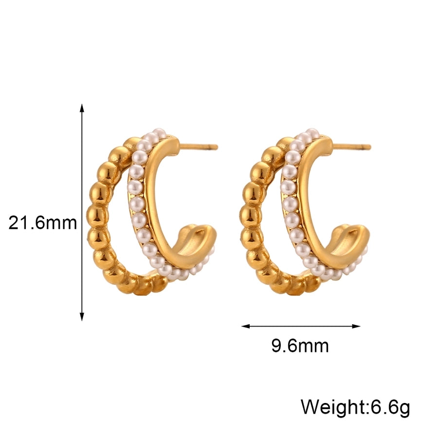 Pendientes chapados en oro de 18K con perlas artificiales de acero inoxidable 304 con incrustaciones de revestimiento en forma de C de estilo moderno