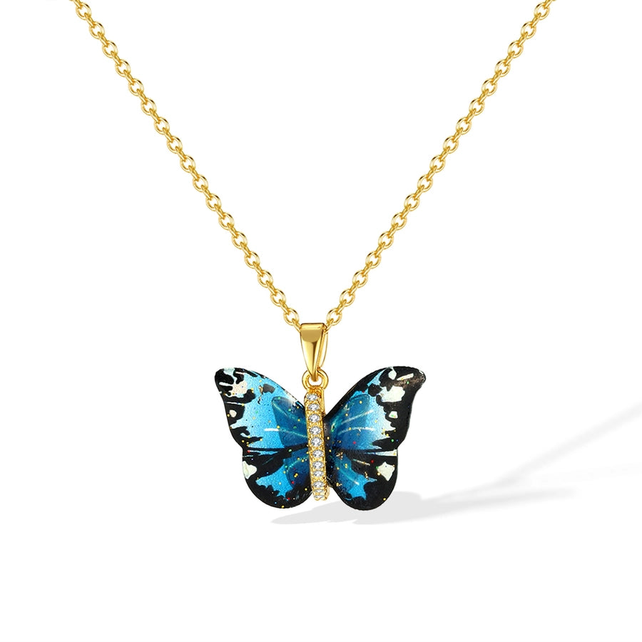 Collar con colgante de mujer con incrustaciones de cobre y plástico de acero inoxidable 304 de mariposa dulce estilo IG