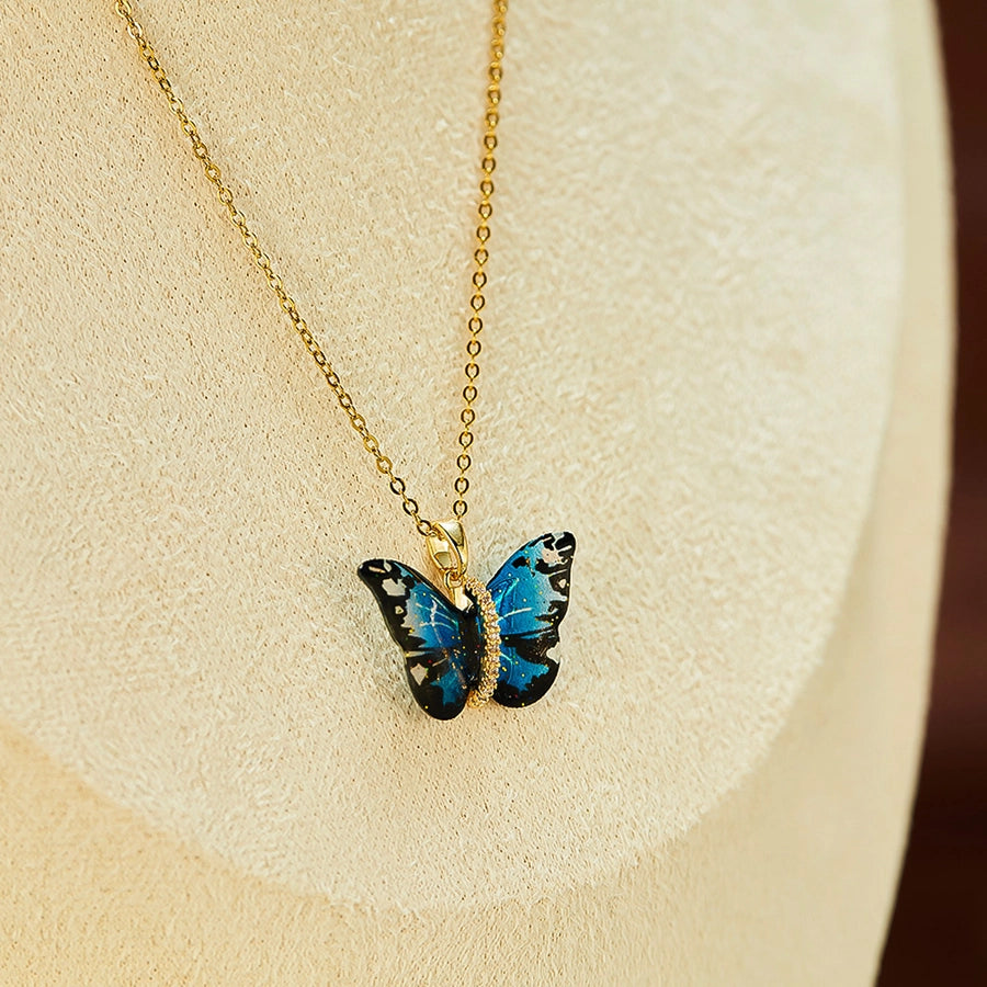 Collar con colgante de mujer con incrustaciones de cobre y plástico de acero inoxidable 304 de mariposa dulce estilo IG