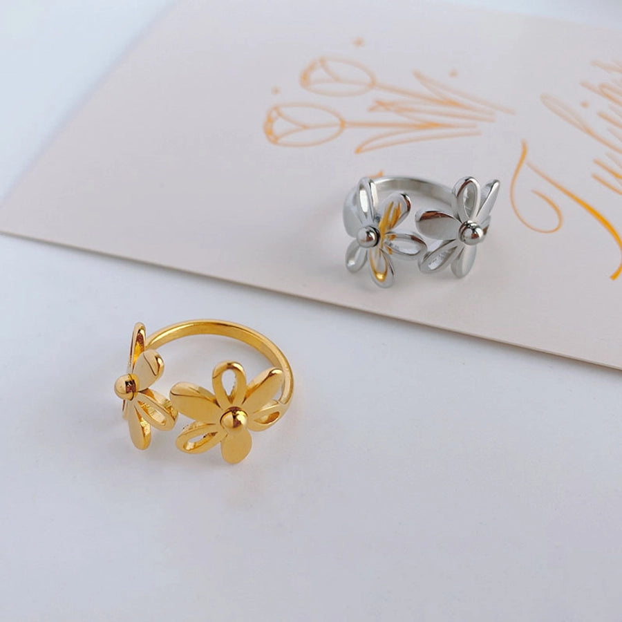 Anillos de acero de titanio con flor pulida linda chapada en oro de 18K