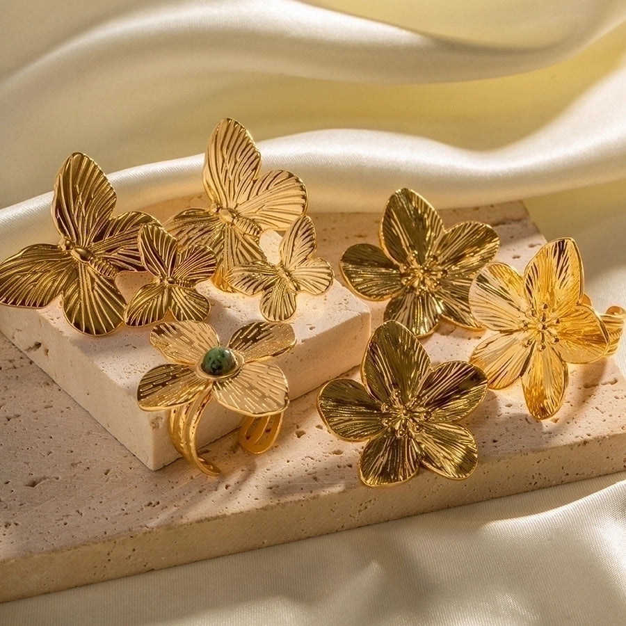 Anillos con incrustaciones Pendientes Joyería Estilo INS Flor Mariposa Acero inoxidable 304 Turquesa Chapado en oro de 18K
