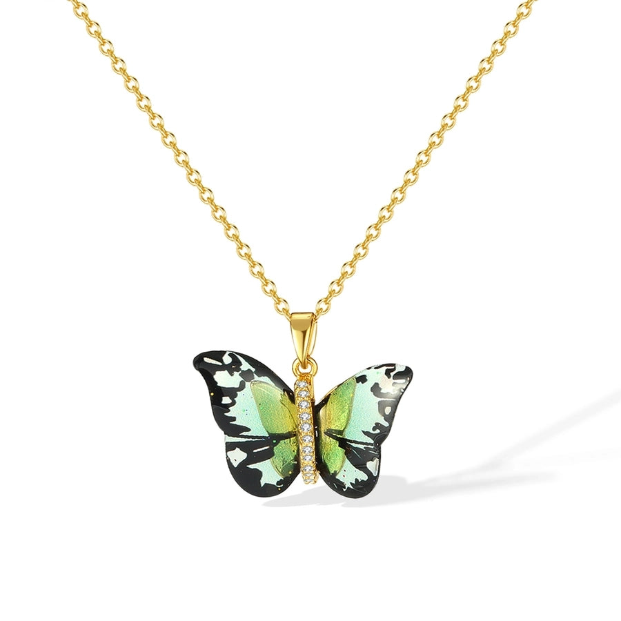 Collar con colgante de mujer con incrustaciones de cobre y plástico de acero inoxidable 304 de mariposa dulce estilo IG