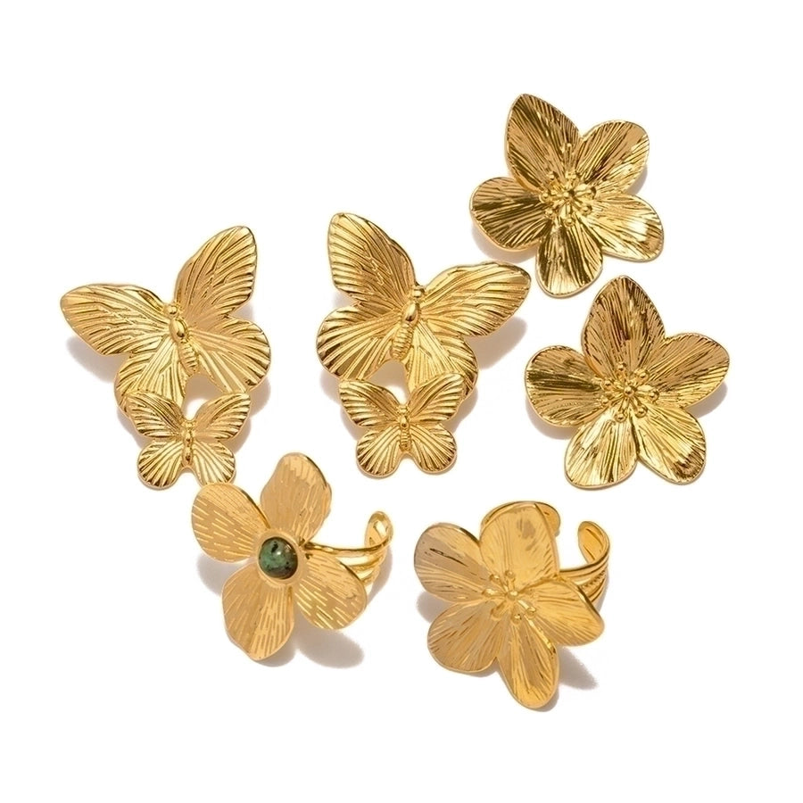 Anillos con incrustaciones Pendientes Joyería Estilo INS Flor Mariposa Acero inoxidable 304 Turquesa Chapado en oro de 18K