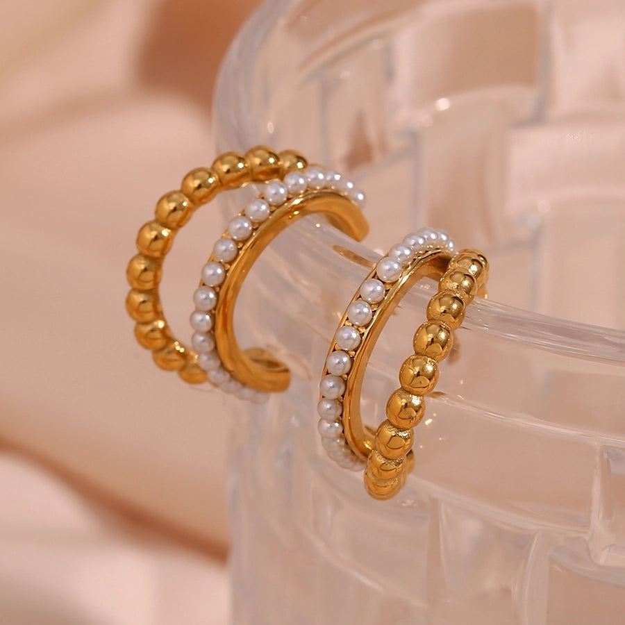 Pendientes chapados en oro de 18K con perlas artificiales de acero inoxidable 304 con incrustaciones de revestimiento en forma de C de estilo moderno