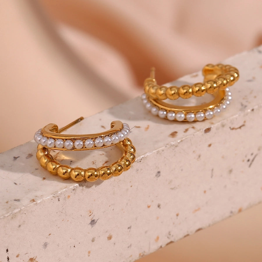 Pendientes chapados en oro de 18K con perlas artificiales de acero inoxidable 304 con incrustaciones de revestimiento en forma de C de estilo moderno