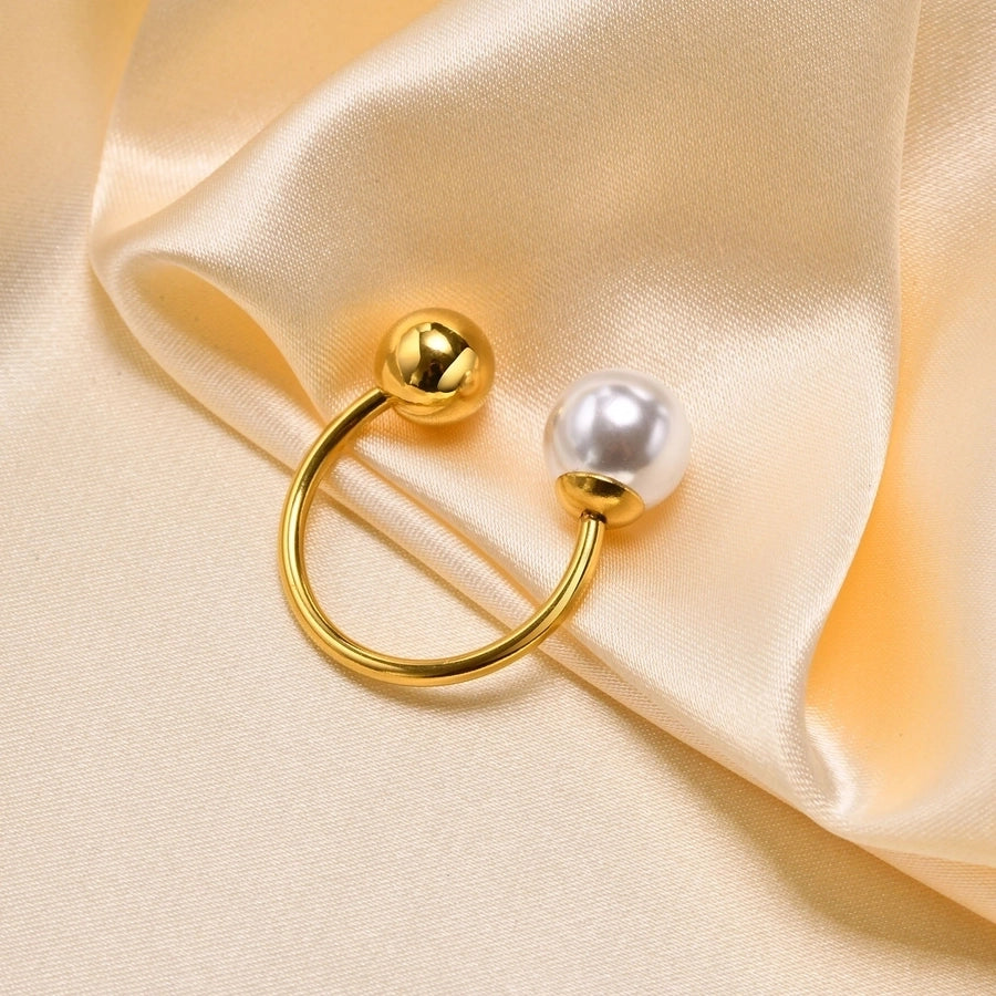 Anillo abierto de perlas artificiales redondas con incrustaciones de chapado en oro de 18 K de acero inoxidable 304