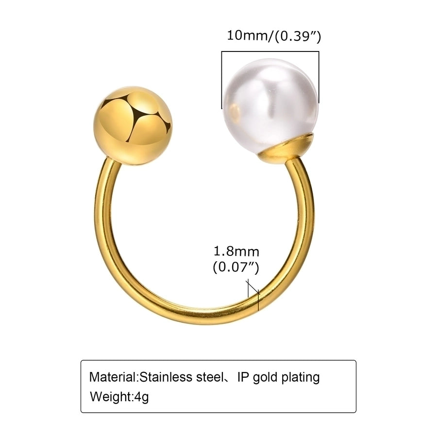 Anillo abierto de perlas artificiales redondas con incrustaciones de chapado en oro de 18 K de acero inoxidable 304