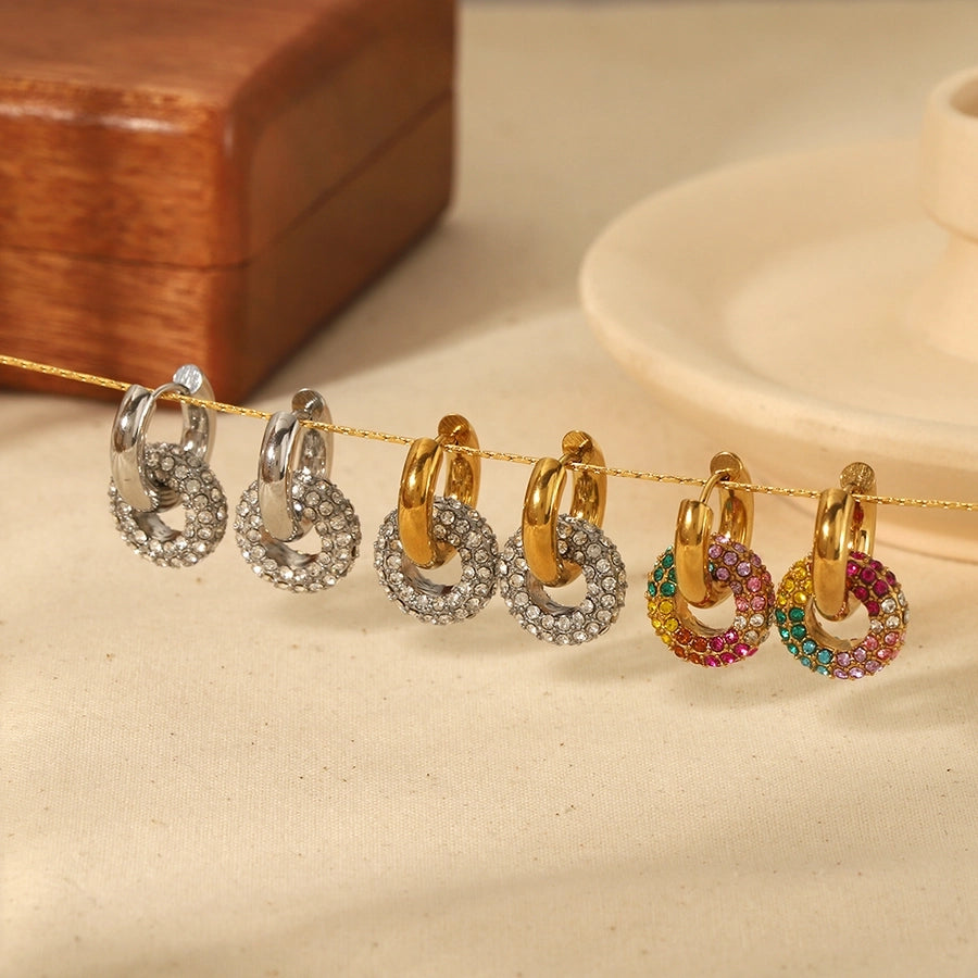 Pendientes chapados en oro de 18K con circonita de acero inoxidable 304 con incrustaciones de pulido de círculo retro