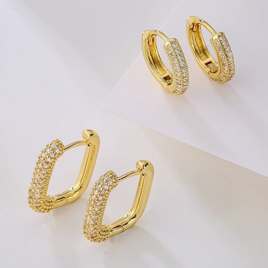 Pendientes de aro chapados en oro con circonitas de cobre chapado en oro geométrico de moda