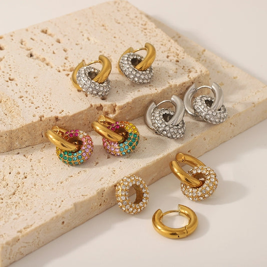 Pendientes chapados en oro de 18K con circonita de acero inoxidable 304 con incrustaciones de pulido de círculo retro