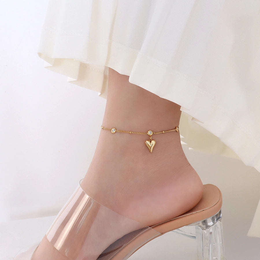 Tobillera con circonita en oro de 18k chapada en acero y titanio con forma de corazón de melocotón