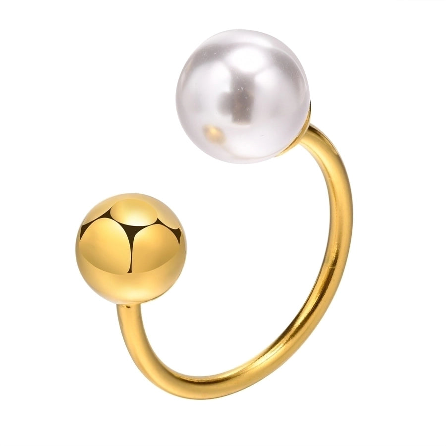 Anillo abierto de perlas artificiales redondas con incrustaciones de chapado en oro de 18 K de acero inoxidable 304